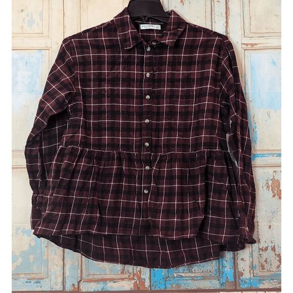 Arizona Jean Co Womens Size Small Wine Multi Plaid Button Front Red Collared - Picture 1 of 8